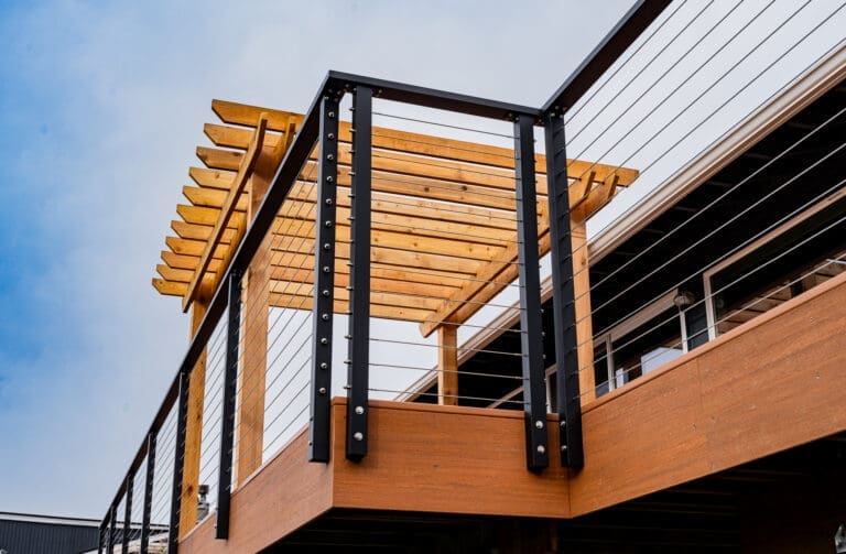 Matte black cable railing hardware detail by Maisy Railing